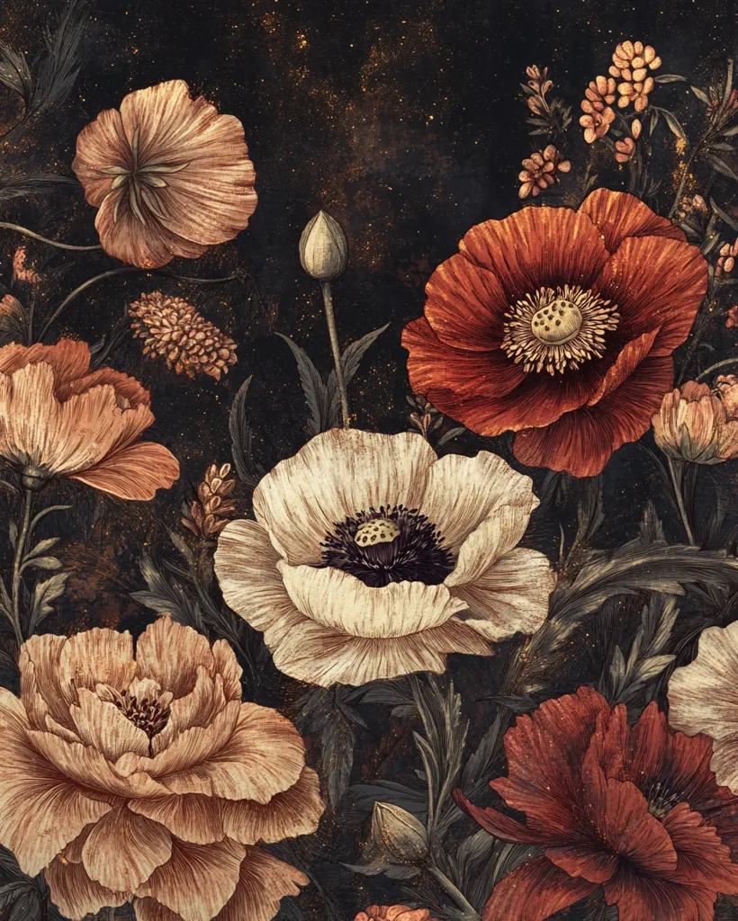 A dark, richly textured background features a vibrant bouquet of poppies and other flowers.  The color palette is predominantly warm, with deep reds, burnt oranges, and creamy off-whites. The flowers are rendered in a detailed, almost painterly style, creating a sense of depth and texture.  Smaller blossoms and buds are interspersed among the larger blooms, adding to the overall lushness of the arrangement.  The image evokes a sense of romanticism and timeless beauty.