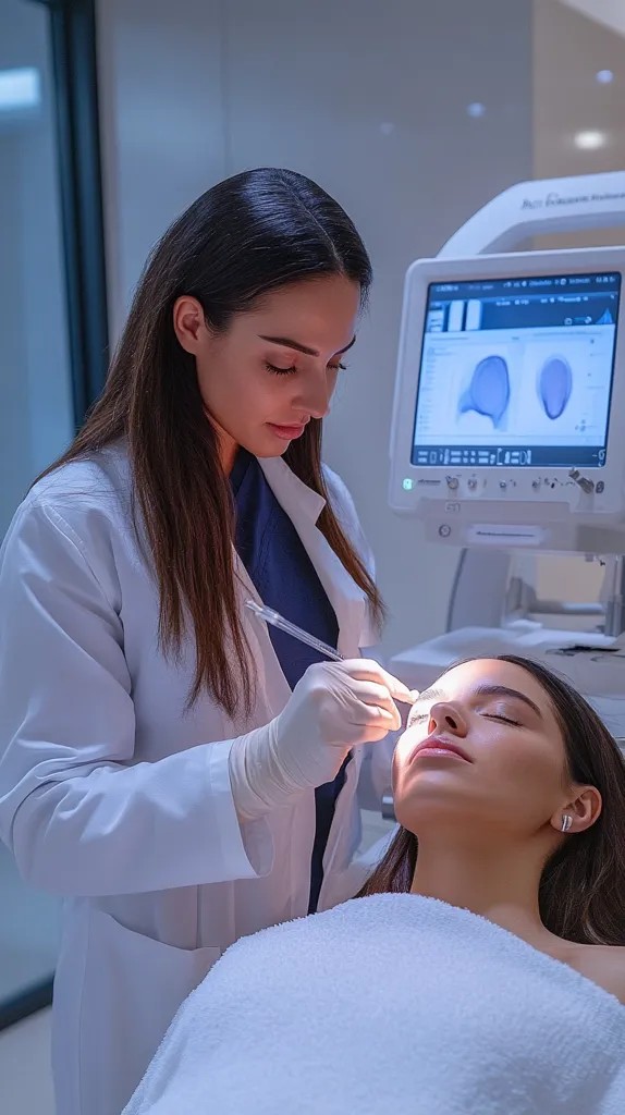 A female doctor in a white lab coat performs a cosmetic procedure on a female patient.  The doctor uses a small instrument, carefully working on the patient's face. A medical device displaying a scan is visible in the background. The patient lies on a treatment table, covered with a white towel, her eyes closed. The scene is dimly lit, focusing on the procedure.