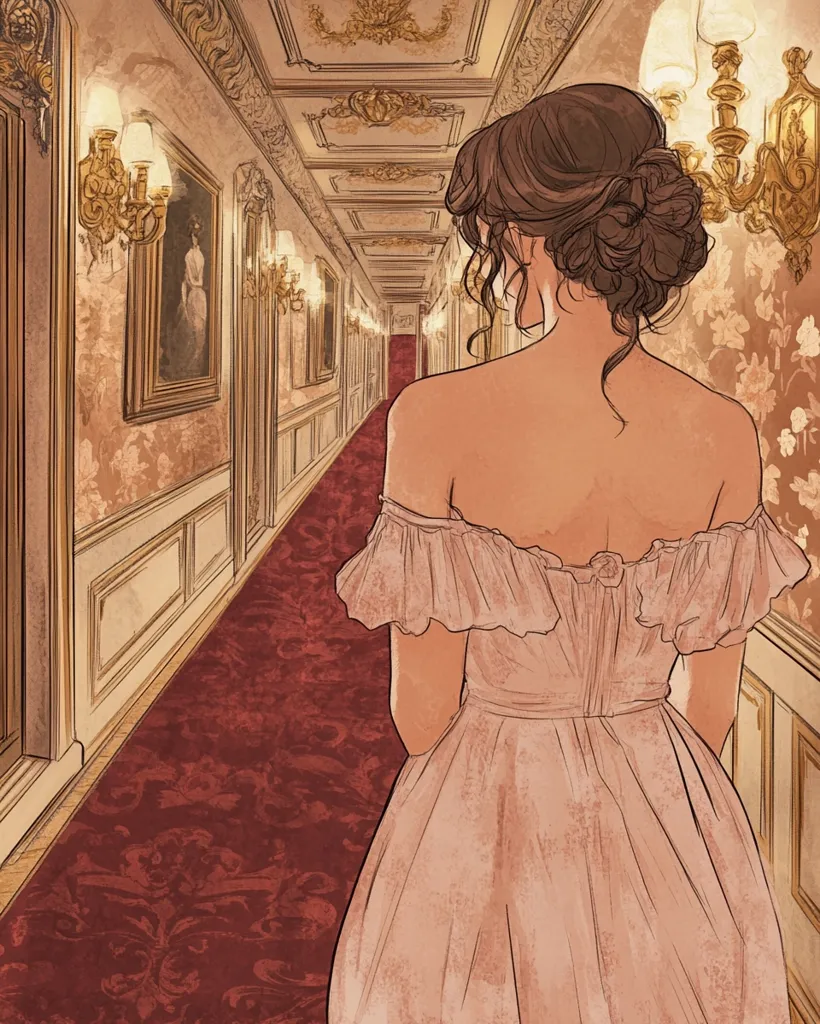 A woman in a pale pink off-the-shoulder gown walks down a long, opulent hallway.  The hallway is lined with ornate gold detailing, framed portraits, and elegant wall sconces.  A rich, dark red carpet stretches the length of the corridor, adding to the luxurious atmosphere.  The woman's back is to the viewer, her hair styled in an updo.  The overall style evokes a sense of classic elegance and romance.