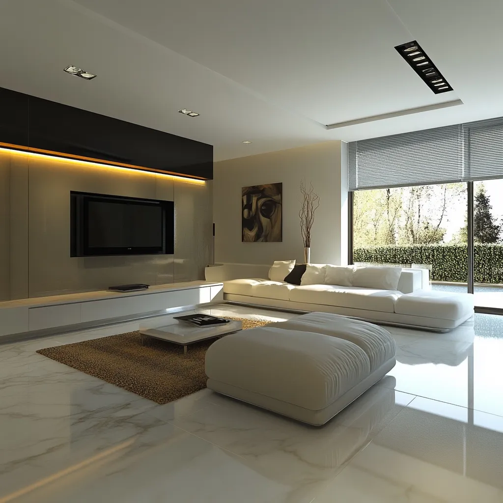 A modern living room features a sleek, low-profile entertainment center with a flat-screen TV, illuminated by a warm LED strip.  A large, white sectional sofa faces a window with gray blinds, offering a view of lush greenery.  A plush, white ottoman sits before a low coffee table on a marble floor, creating a minimalist yet luxurious ambiance.  Neutral tones dominate, enhanced by subtle lighting and a textured rug.