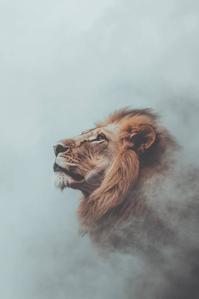 A majestic male lion, partially obscured by fog, gazes upward.  His amber eyes and powerful build are partially visible through the misty veil, creating a dramatic and serene image.  The lion's mane, thick and golden, frames his face.  The muted tones and atmospheric perspective contribute to a sense of mystery and awe.