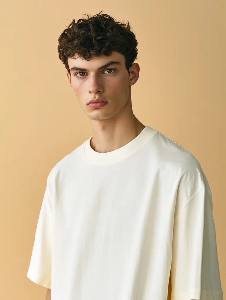 A young man with short, curly brown hair stares intensely at the camera. He wears a simple, oversized off-white crew-neck t-shirt.  His expression is serious and neutral, against a pale beige background. The image is minimalist and focuses on the model's features and the texture of the shirt.
