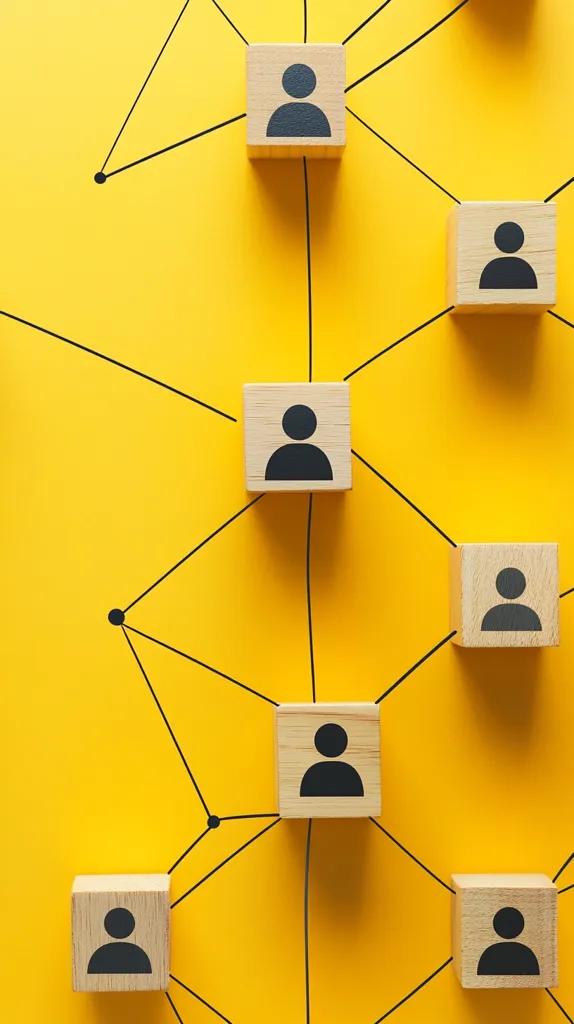 Wooden blocks with person icons are interconnected by black lines on a vibrant yellow background, illustrating a network or team structure.  The arrangement suggests a hierarchical or interconnected system, possibly representing collaboration, communication, or organizational relationships within a group.  The simple design emphasizes the connections between individuals.
