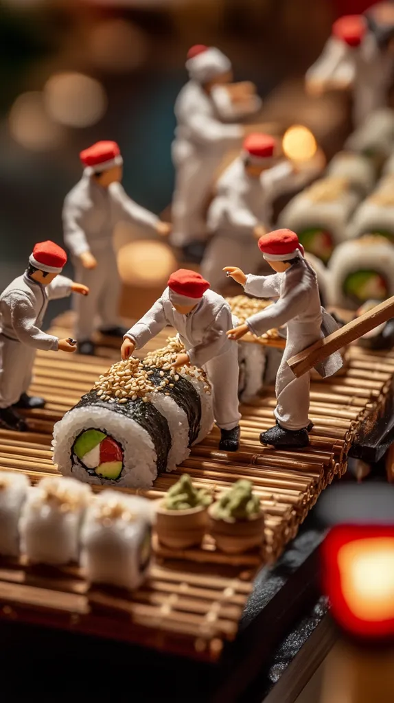 Miniature chefs in white uniforms and red hats meticulously prepare sushi.  They sprinkle sesame seeds on a large maki roll filled with colorful vegetables.  The sushi is arranged on a bamboo mat alongside smaller pieces.  The scene is detailed and whimsical, showcasing a playful depiction of sushi preparation.
