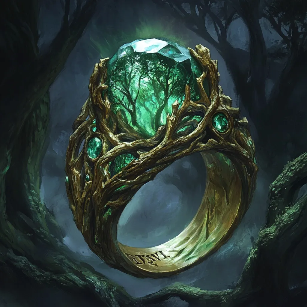 A large gold ring, intricately designed with branching, woody elements, cradles a large, luminous emerald gemstone.  The gem contains a miniature forest scene within its depths.  Smaller emeralds adorn the ring's framework. The ring rests amidst dark, shadowy trees, creating an ethereal, mystical ambiance.  An inscription is visible on the ring's inner band.