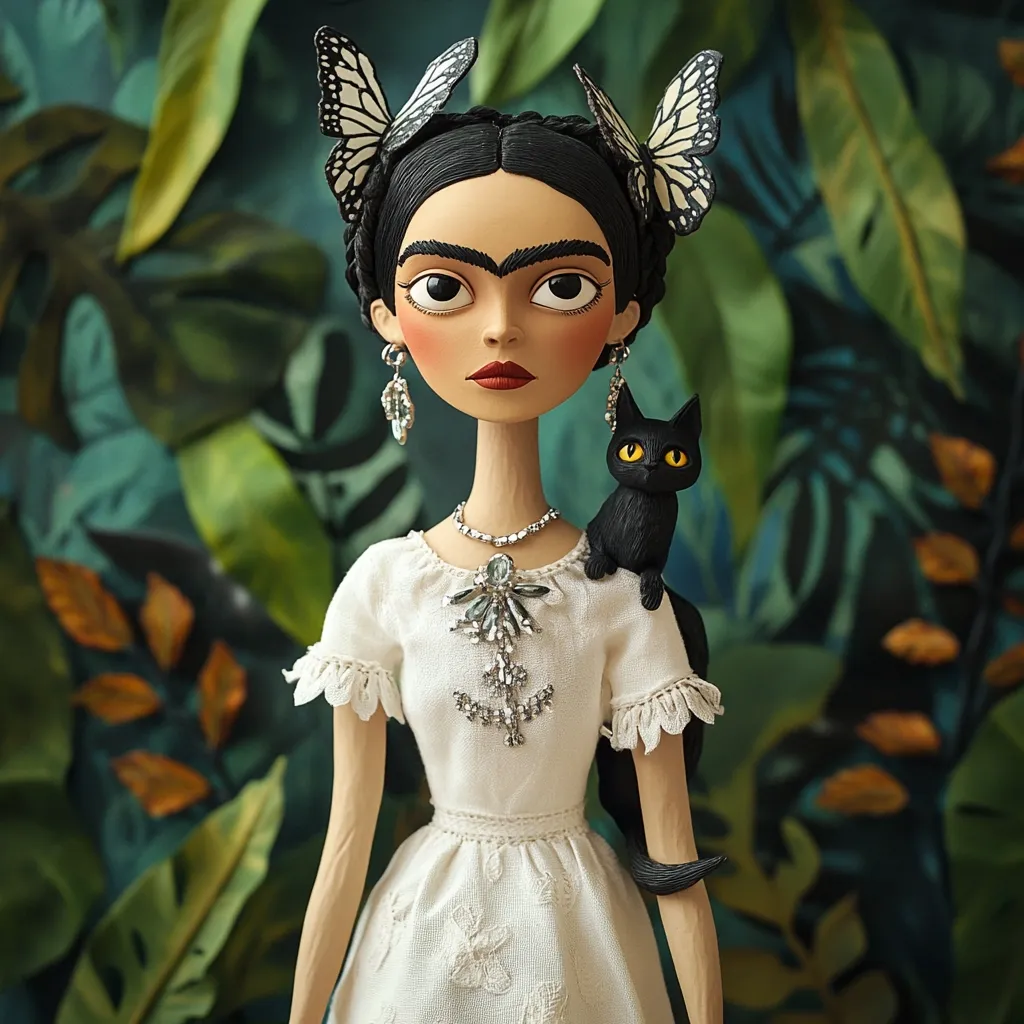 A meticulously crafted Frida Kahlo doll, adorned with butterfly hair clips and a sparkling necklace, is depicted.  She wears a simple white dress and is accompanied by a small black cat perched on her shoulder. The doll's features are sharply defined, and the background is a lush, tropical foliage. The overall aesthetic is both elegant and whimsical.
