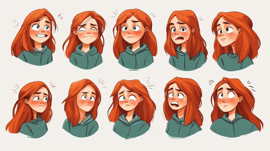 The image shows twelve illustrations of a girl with long, red hair wearing a teal hoodie. Each illustration depicts a different facial expression, showcasing a range of emotions such as surprise, worry, sadness, and fear.  The style is cartoonish and expressive, with exaggerated features highlighting the emotional nuances. The consistent character design and varied expressions make it a useful resource for animation or character development.