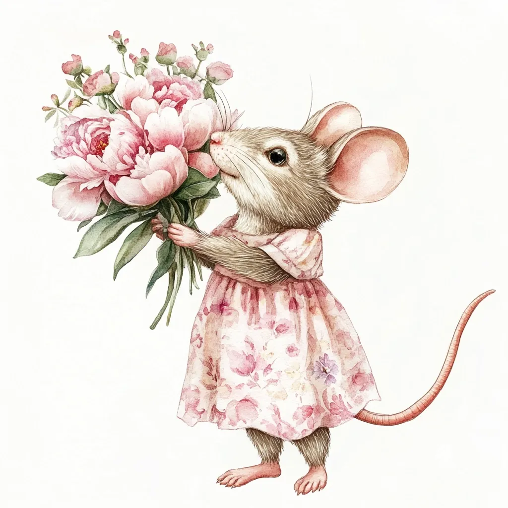 A charming watercolor illustration depicts a small mouse, dressed in a pink floral dress, delicately holding and smelling a bouquet of pink peonies. The mouse's expression is gentle and sweet, enhancing the overall feeling of innocence and springtime joy.  The detailed rendering of both the mouse and the flowers creates a whimsical and endearing image.
