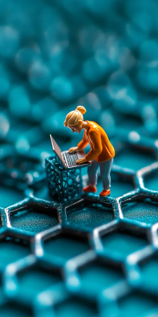 A miniature figurine of a woman in an orange jacket sits atop a honeycomb-patterned surface, diligently working on a tiny laptop. The scene is sharply focused on the figure and her task, contrasting with the blurred teal background. The image evokes a sense of technological advancement and the human element within complex systems.  The overall aesthetic is modern and artistic.