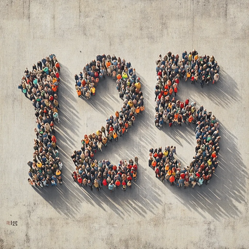 An aerial view shows a large group of people forming the number 125 on a light gray surface.  The individuals are densely packed, creating a clear and distinct numeral.  Their clothing is multicolored, adding visual texture to the formation.  The scene is brightly lit, with shadows cast by the people indicating a sunny day.