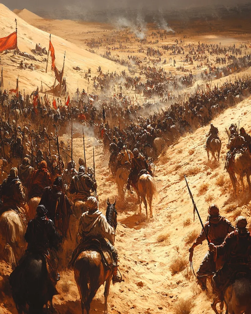 A vast army of horsemen, clad in desert garb, traverses a sandy landscape under a hazy sky.  Red flags flutter atop lances, marking the columns winding down a dune. Dust rises as the multitude of riders, their horses and camels, move as one, creating a powerful visual of scale and movement.  The scene evokes a sense of epic historical battle or migration across a barren, sun-drenched terrain.