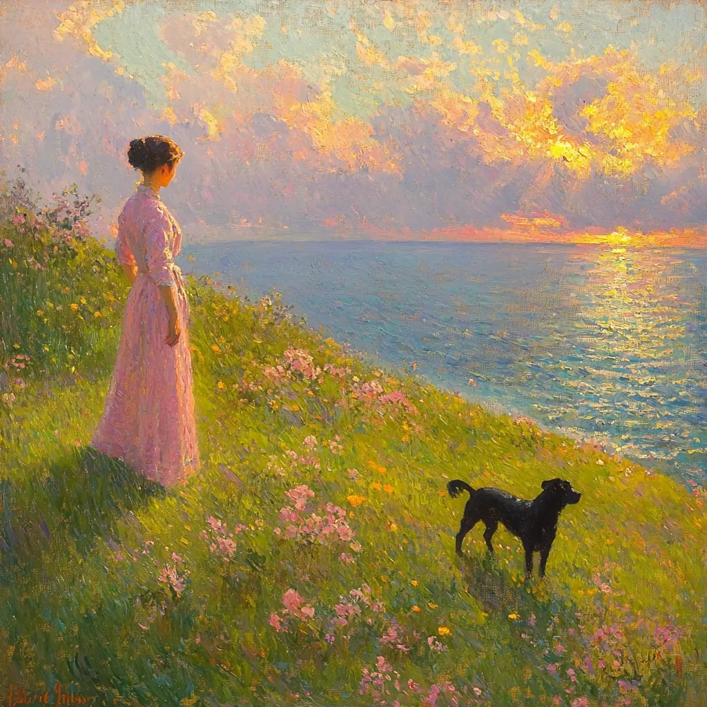 A woman in a pink dress stands on a grassy cliff overlooking a calm ocean at sunset.  Wildflowers bloom around her and a small black dog sits nearby, both gazing at the vibrant, colorful sky reflecting on the water. The scene is peaceful and serene, capturing the beauty of nature and a tranquil moment.  The painting is impressionistic, with visible brushstrokes contributing to the overall feeling of warmth and light.