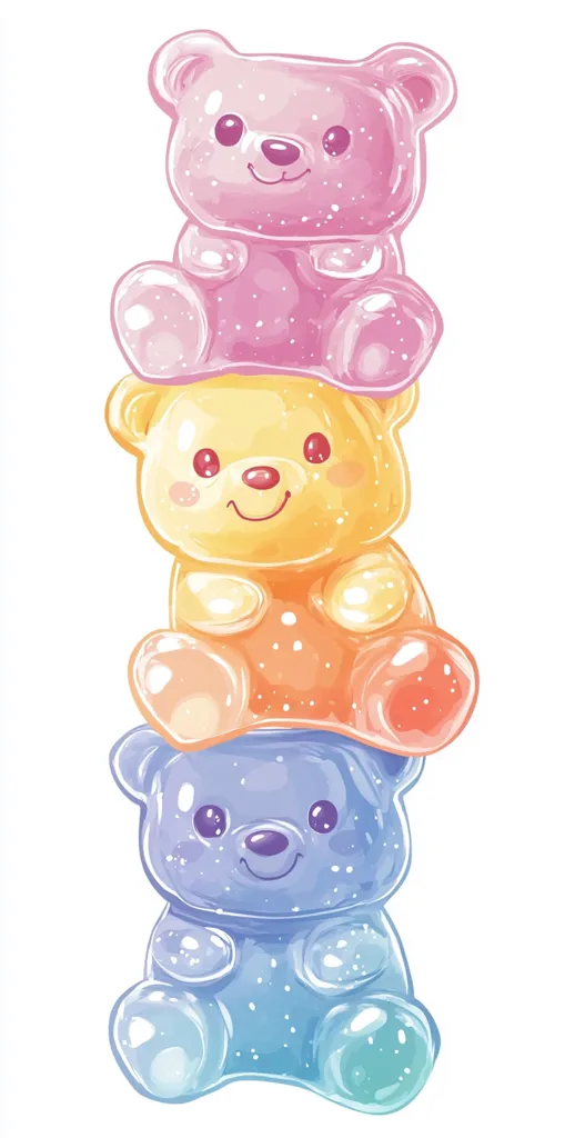 A stack of three gummy bear-shaped candies in pastel colors is shown. The top bear is pink, the middle is yellow, and the bottom is blue.  Each gummy bear has a sparkly, translucent appearance, and they are stacked on top of each other, creating a cheerful and sweet image.  The bears have cute, simple facial features.