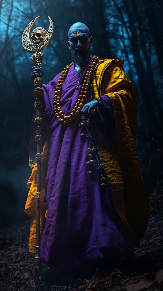 A blue-skinned monk stands in a dark forest, holding a staff topped with a skull. He wears a purple robe with a yellow overgarment and a long beaded necklace. His expression is serious, and the atmosphere is mystical and ominous. The scene is dimly lit, emphasizing the monk's otherworldly presence. The overall image evokes a sense of ancient magic and mystery.