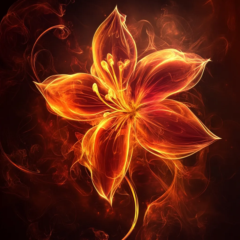 A fiery, ethereal flower blossoms amidst swirling flames and smoke.  Its petals, rendered in shades of orange and red, glow with an incandescent light. The intricate details of the flower's structure are highlighted against the dark background, creating a dramatic and captivating image. The overall effect is one of intense beauty and otherworldly energy.