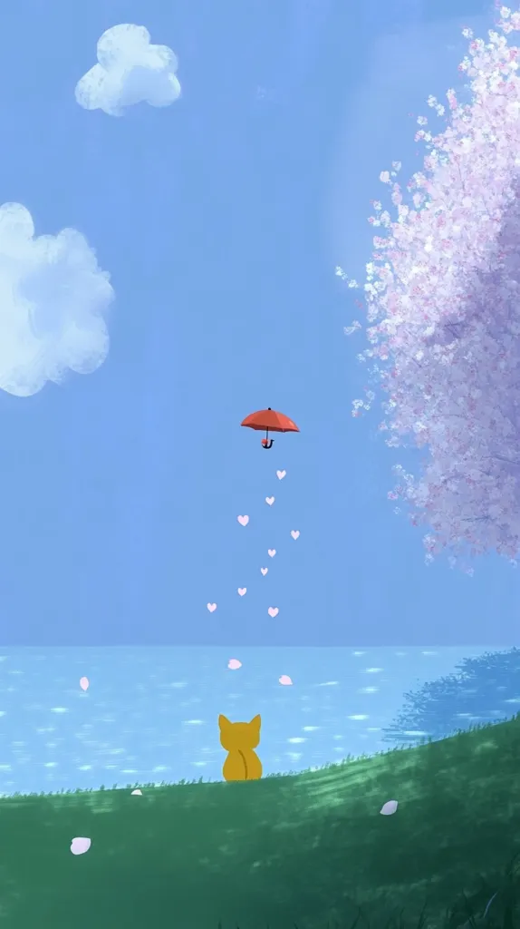 A serene illustration depicts a small orange cat seated on a grassy hill overlooking a calm body of water.  A red umbrella floats in the sky above, releasing small pink hearts.  A blossoming cherry tree is partially visible on the right, adding to the peaceful, whimsical scene under a pale blue sky. The overall mood is tranquil and heartwarming.