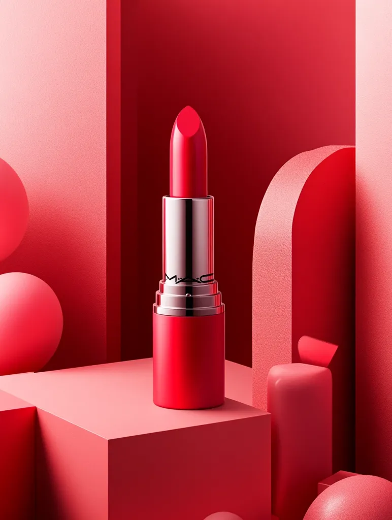 A vibrant red MAC lipstick stands centrally on a red geometric platform.  The lipstick, with its sleek silver band, is the focal point against a backdrop of varying shades of red, creating a visually striking and luxurious image.  Smooth, rounded shapes and clean lines emphasize the lipstick's bold color.