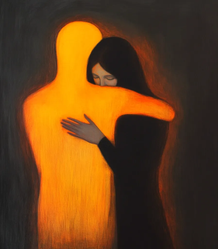 A woman in a dark dress embraces a luminous, orange figure. The glowing form is indistinct, suggesting an inner light or a spiritual presence.  The woman's posture conveys comfort and acceptance, her face gently resting on the radiant being. The dark background emphasizes the bright, warm embrace.  The painting evokes a sense of solace, healing, or spiritual connection.