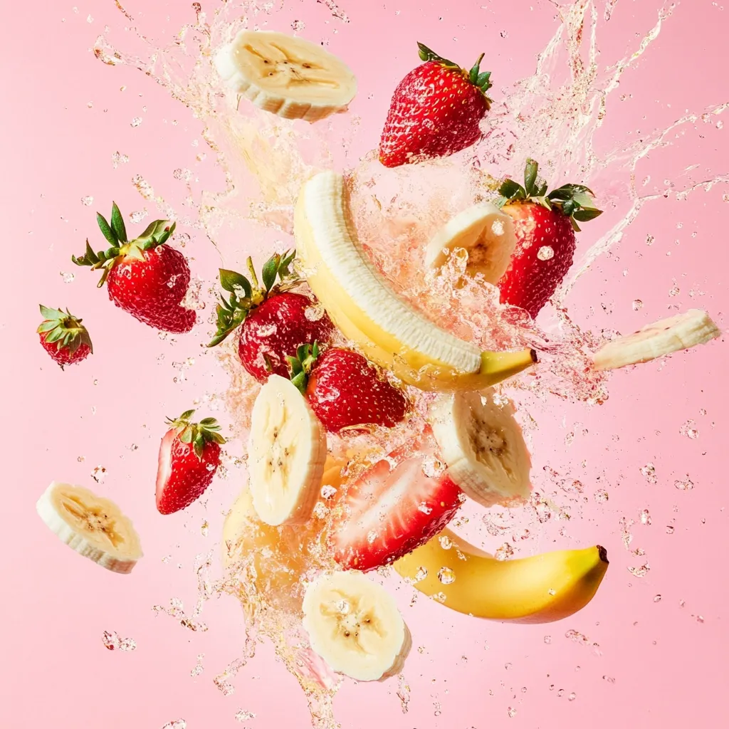 A vibrant splash of water showcases sliced bananas and strawberries suspended mid-air against a soft pink background.  The fruit appears fresh and juicy, with water droplets clinging to their surfaces.  Slices of banana and whole strawberries are scattered, creating a dynamic and appetizing composition. The overall effect is one of playful energy and deliciousness.