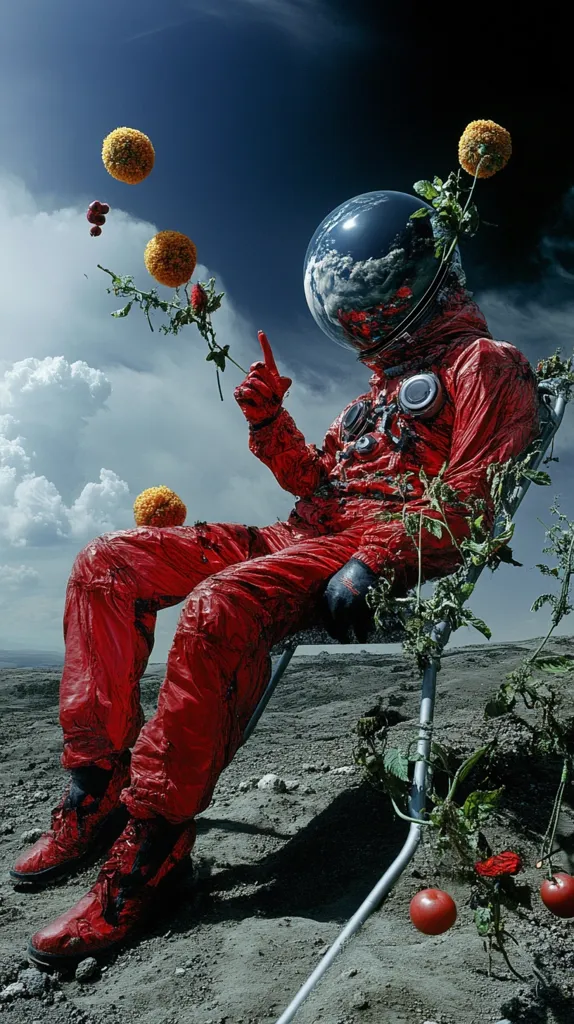 An astronaut in a vibrant red spacesuit sits in a metal chair on a desolate, gray landscape.  Floating marigold-like spheres and a growing plant with tomatoes are juxtaposed against the barren background. The astronaut's helmet reflects a cloudy sky, creating a surreal and otherworldly atmosphere. The image blends elements of science fiction and nature, suggesting a future where life finds a way even in the most unexpected places.
