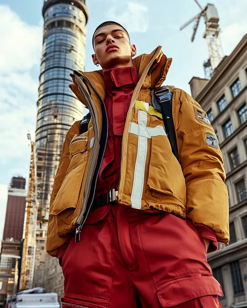 A young man with short brown hair models a mustard-yellow puffer jacket with white reflective stripes and red cargo pants. He stands against a backdrop of a modern city skyline, with a tall building under construction prominently featured. The jacket has multiple pockets, and he wears a dark red turtleneck underneath.  The overall style is urban and contemporary.