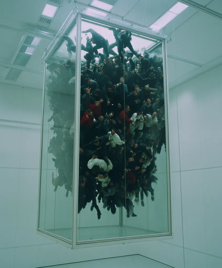 A large glass cube hangs from the ceiling, filled with numerous human figures appearing to float or fall within.  The figures are densely packed, creating a sense of confinement and claustrophobia.  The overall effect is unsettling and thought-provoking, likely an art installation exploring themes of mass, density, and human interaction. The minimalist setting of the room emphasizes the installation's central focus.