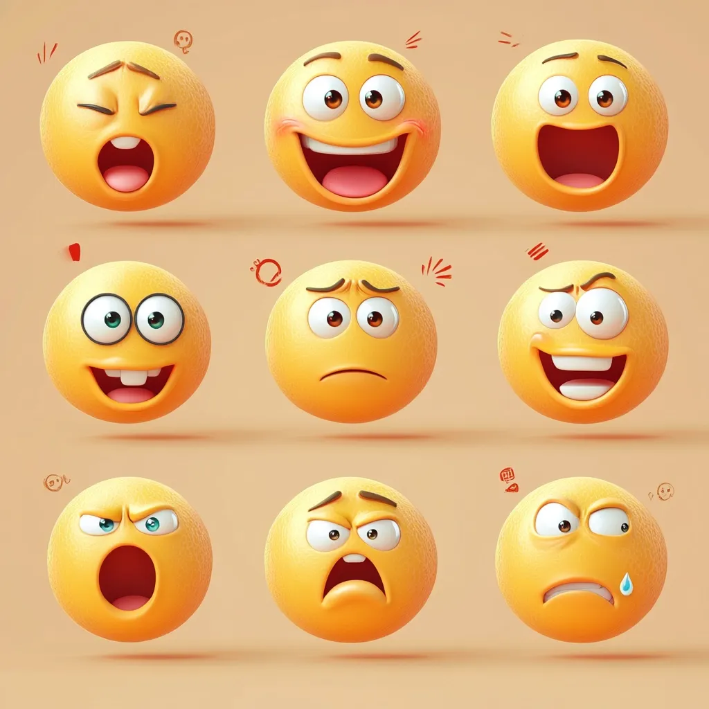 Nine 3D rendered emojis display a range of emotions.  These include happiness, surprise, sadness, anger, and combinations thereof.  The yellow, spherical emojis are expressive, with exaggerated features conveying a wide spectrum of feelings, presented against a light beige background.  Small, stylized annotations add to the emotional context of each emoji.