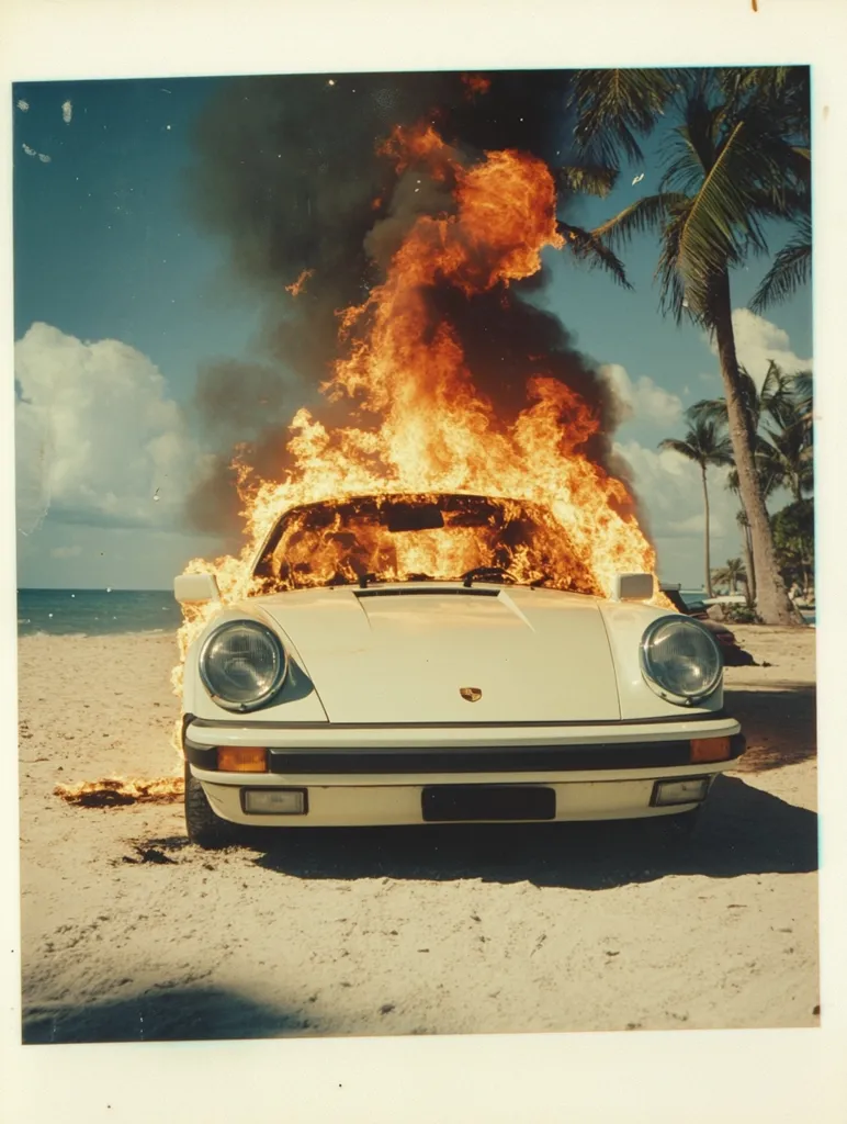 A vintage Polaroid photograph captures a white Porsche 911 engulfed in flames on a sunny beach.  Palm trees sway in the background under a bright blue sky. The car is burning intensely, with large plumes of smoke and fire billowing from the hood and interior. The contrast between the idyllic beach setting and the destructive fire creates a striking image.