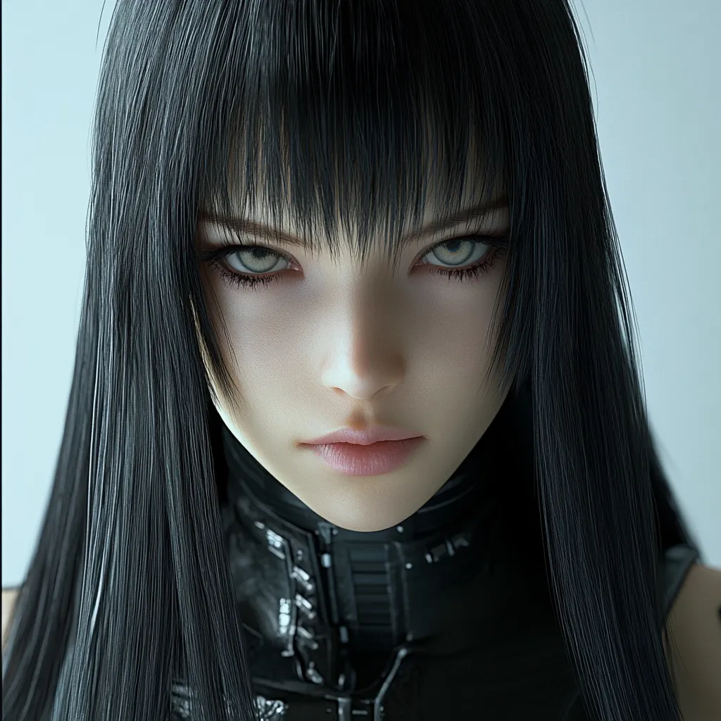 Close-up of a stylized female figure with long, straight black hair and bangs.  She has intense grey-green eyes and a serious expression. Her attire suggests a futuristic or cyberpunk aesthetic, with a dark, textured collar. The image is digitally rendered, showcasing highly detailed features and textures. The overall mood is one of cool detachment and power.