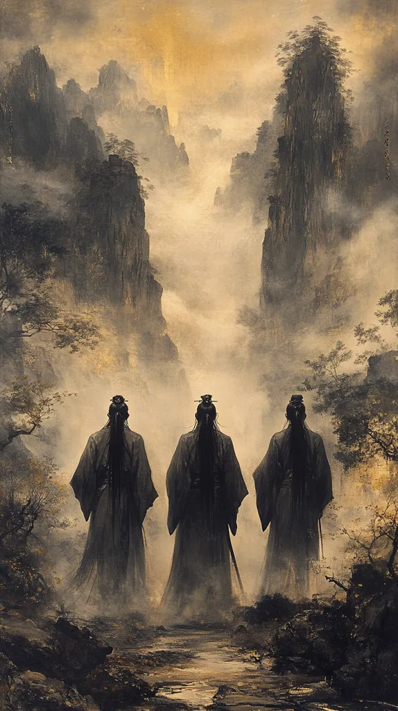 Three figures, cloaked in dark robes and their backs to the viewer, traverse a mystical landscape.  Towering, mist-shrouded mountains rise on either side of a narrow valley, the atmosphere thick with fog.  The scene evokes a sense of mystery and journey, the figures silhouetted against the atmospheric, golden-hued sky.  The overall impression is one of ancient power and serene, yet foreboding, beauty.
