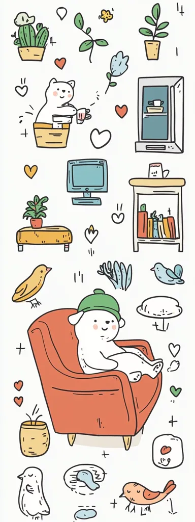 A cheerful illustration features cartoon polar bears, one relaxing in a red armchair, the other seemingly tending to plants.  Surrounding them are various cute drawings: potted plants, birds, a computer, bookshelves, and a refrigerator.  Small hearts and plus signs add to the whimsical, cozy atmosphere.  The overall style is simple, hand-drawn, and charming.