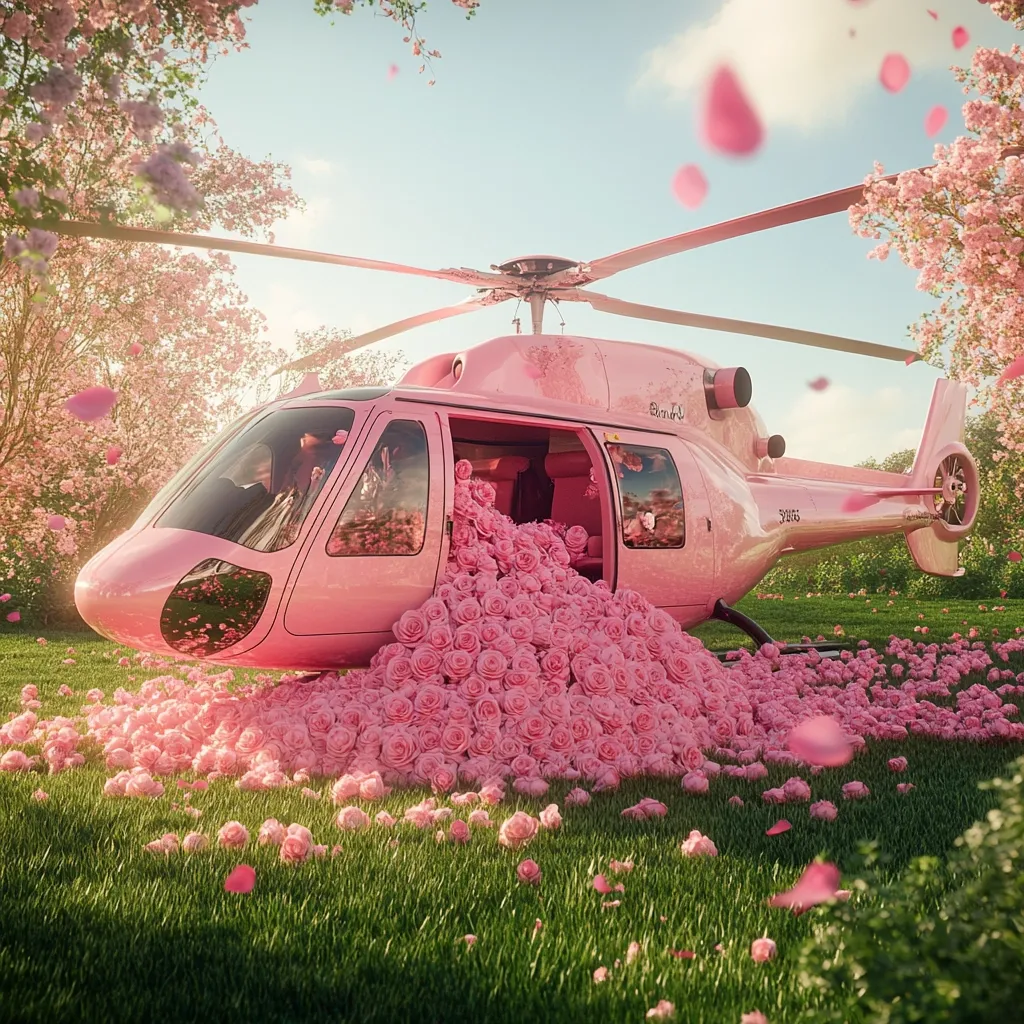 A vibrant pink helicopter, overflowing with a cascade of pink roses, sits in a lush green field.  Cherry blossom trees frame the scene, their petals drifting down like a gentle pink rain. The idyllic setting contrasts with the luxurious helicopter, creating a whimsical and romantic image.  The overall effect is one of dreamy, fairytale-like beauty.