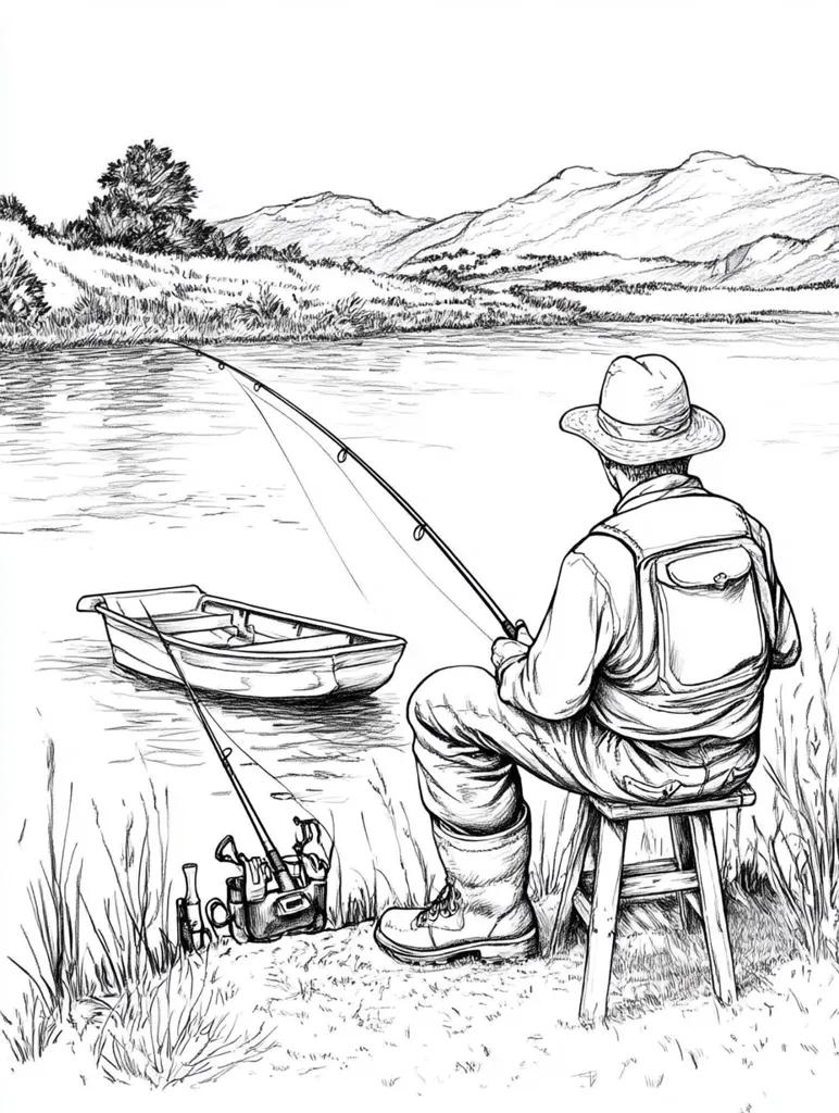 A lone fisherman sits on a small wooden stool by a calm lake, his fishing rod cast into the water.  A small rowboat rests nearby.  Rolling hills and lush vegetation form a picturesque backdrop under a clear sky.  The scene is rendered in detailed black and white line art, showcasing a tranquil and peaceful fishing experience.