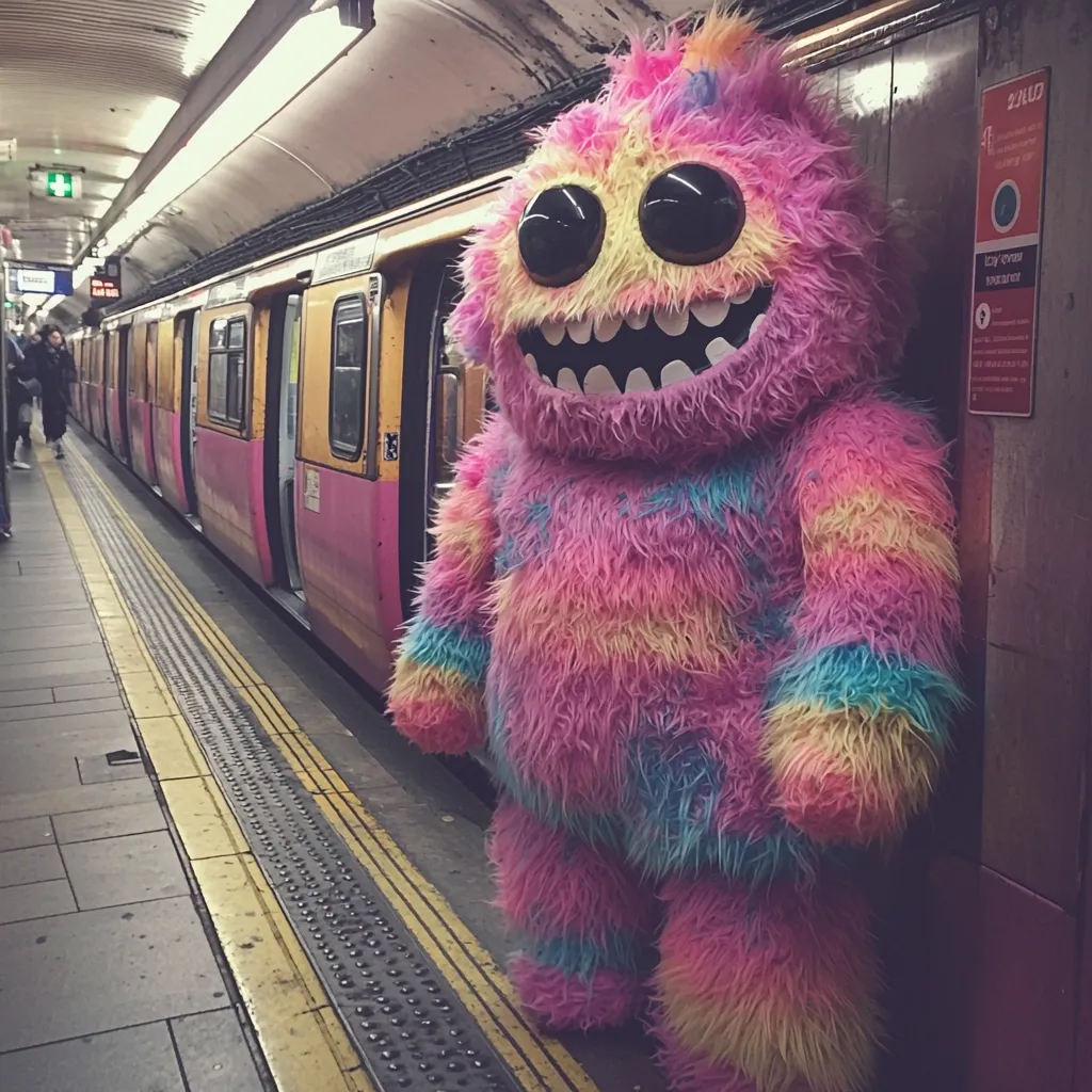 A large, fluffy monster costume, predominantly pink, teal, and yellow, stands next to a train on a subway platform.  The monster has large, expressive eyes and a wide grin.  People are visible in the background, waiting for the train. The platform is clean and well-lit. The overall scene is whimsical and slightly surreal.