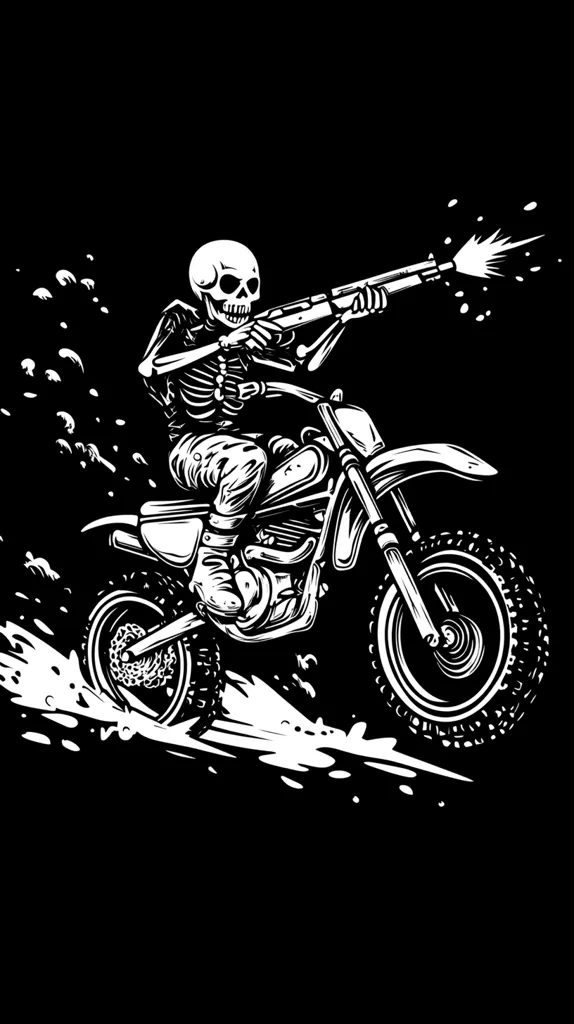 A skeleton rides a dirt bike, firing a rifle as it splashes through mud. The stark black and white illustration showcases the skeleton's detailed anatomy, complete with clothing and boots.  The bike is rendered with a similar level of detail, emphasizing its rugged design. The scene is dynamic and high-energy, capturing the thrill of off-road riding.
