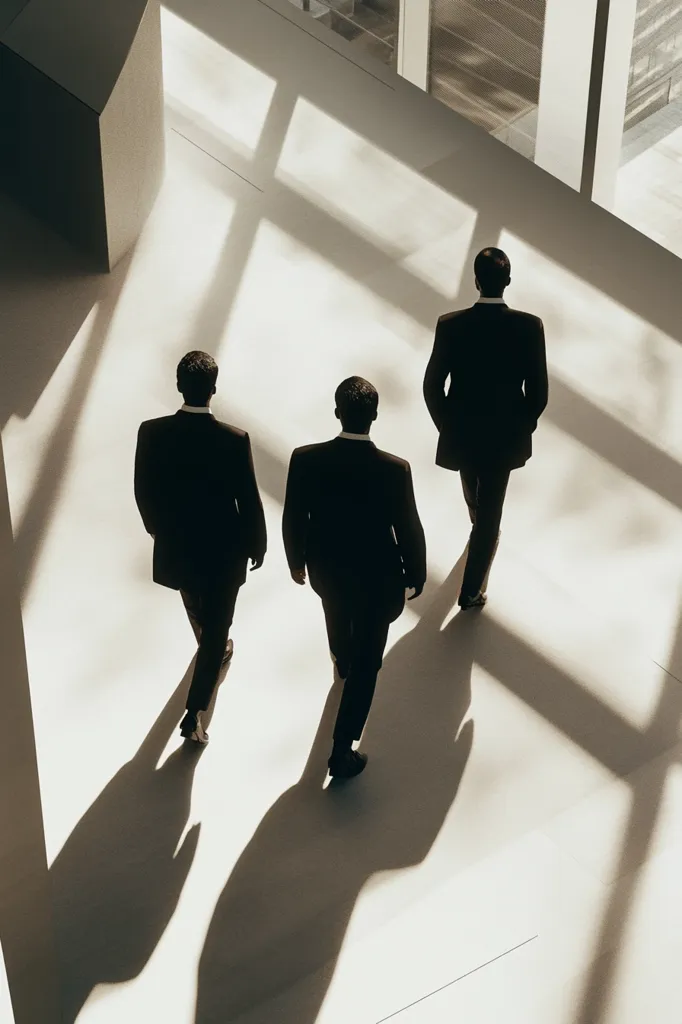 Three men in dark suits walk away from the camera down a sunlit hallway.  Their shadows stretch long on the pale floor, emphasizing their solitary progress.  The architectural setting is modern and minimalist, with large windows letting in natural light, creating a stark and somewhat anonymous atmosphere.  The image conveys a sense of purpose and quiet determination.