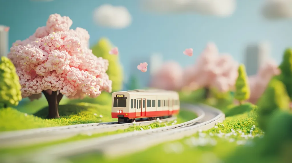 A miniature train travels along a track winding through a charming diorama.  Cherry blossom trees in full bloom flank the path, their pink flowers contrasting beautifully with the green grass and miniature cityscape in the background.  The scene evokes a sense of springtime tranquility and idyllic travel.  Pink blossoms float gently in the air, adding to the whimsical ambiance.