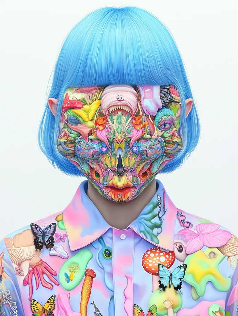 A digital artwork depicts a person with bright blue hair, their face replaced by a vibrant, surreal collage of organic and biomorphic forms.  The collage features vivid colors and textures resembling flowers, insects, and fantastical creatures. The person wears a pastel shirt adorned with a similar pattern of whimsical elements, creating a cohesive and otherworldly aesthetic. The overall style is playful yet unsettling, blending organic and abstract elements.