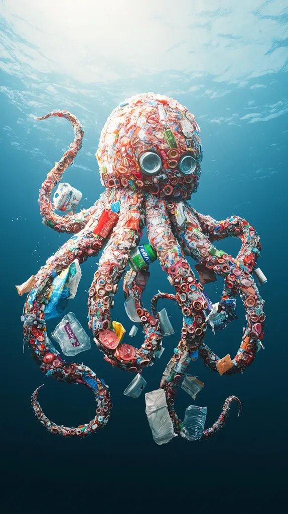 A digital artwork depicts an octopus composed entirely of ocean plastic waste.  Its body and tentacles are formed from a multitude of plastic bottles, bottle caps, wrappers, and other debris. The octopus swims in a deep blue ocean, highlighting the devastating impact of plastic pollution on marine life. The image serves as a powerful visual statement about environmental conservation.