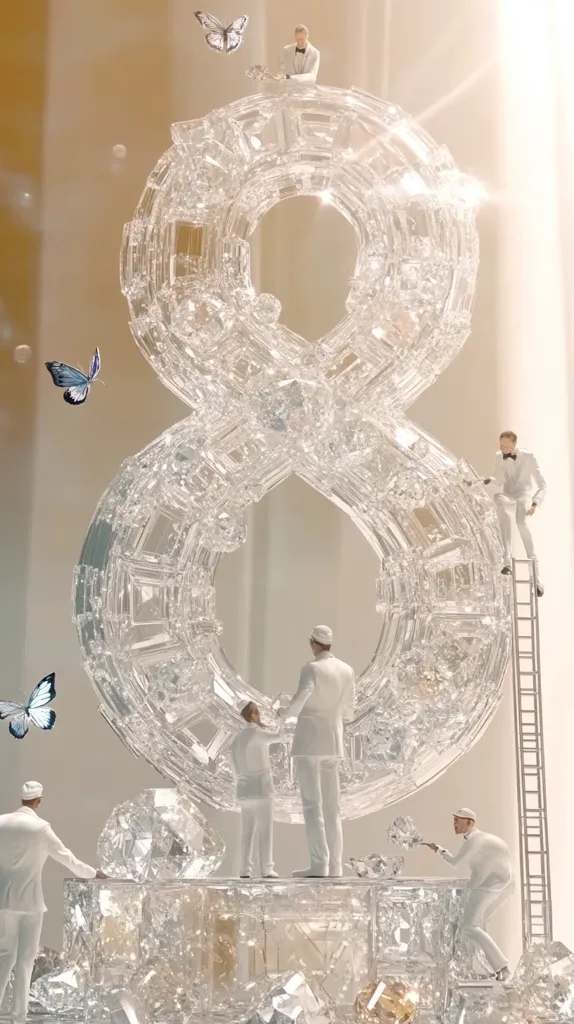Miniature figures in white suits meticulously construct a massive, crystalline number eight.  Surrounding the structure are glittering diamonds and delicate, ethereal butterflies.  The scene is bathed in soft, warm light, creating a luxurious and dreamlike atmosphere. The overall impression is one of exquisite craftsmanship and opulent beauty.