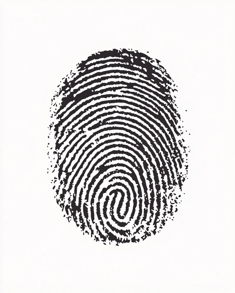 The image shows a black and white illustration of a fingerprint.  The fingerprint is a whorl pattern, with concentric circles radiating outwards from a central point. The edges are slightly ragged and uneven, suggesting a smudged or imperfect print. The overall impression is one of identity and individuality.