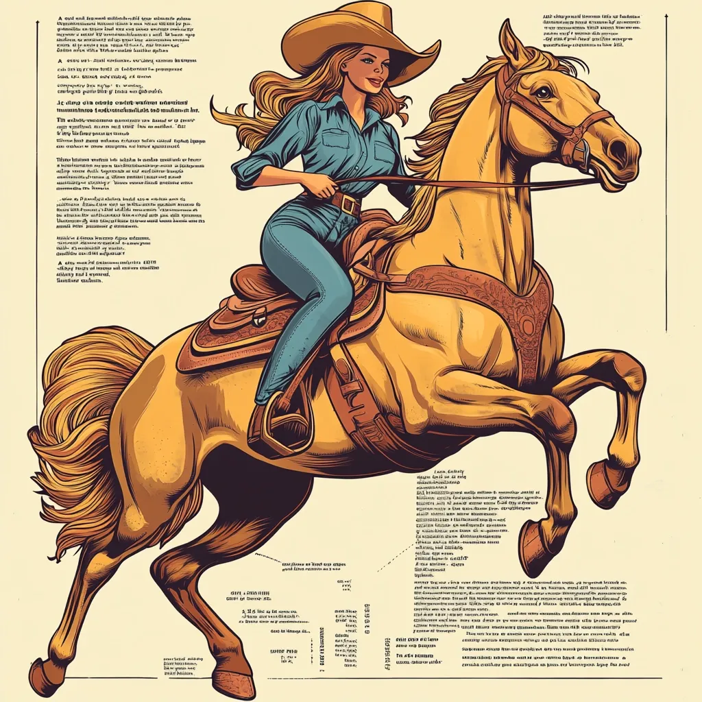 A blonde woman in a denim shirt and jeans rides a buckskin horse.  She wears a cowboy hat and holds the reins. The horse is depicted in mid-gallop, its legs extended. The illustration is in a vintage style, with detailed linework and warm, earthy tones. Text surrounds the image, possibly describing the horse or its anatomy.