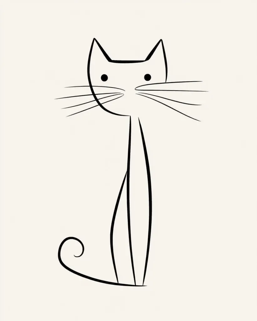 A minimalist line drawing depicts a cat in a sitting position.  The cat's features are simplified, with only essential lines defining its body, head, ears, and whiskers.  The style is elegant and stylized, suggesting a modern or art deco aesthetic. The tail curls gently, adding a touch of playful grace to the otherwise simple design.