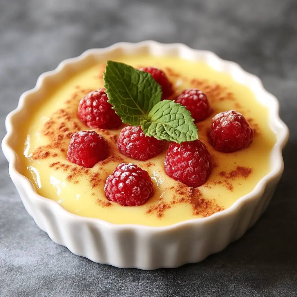 A close-up shot reveals a delectable dessert: a creamy, pale yellow custard sprinkled with cinnamon, adorned with fresh raspberries and a sprig of mint.  The custard is nestled in a small, fluted white ramekin, set against a dark gray background. The dessert's smooth texture and vibrant colors are highlighted, making it visually appealing.