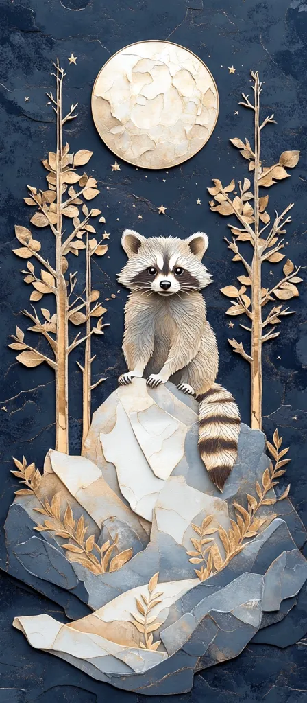 A whimsical paper sculpture depicts a raccoon perched on a rocky outcrop under a large, textured moon.  Gold-toned stylized trees and foliage frame the scene against a deep blue night sky sprinkled with stars. The raccoon is rendered in light and dark browns, its fur detailed with texture.  The overall style is serene and dreamlike.