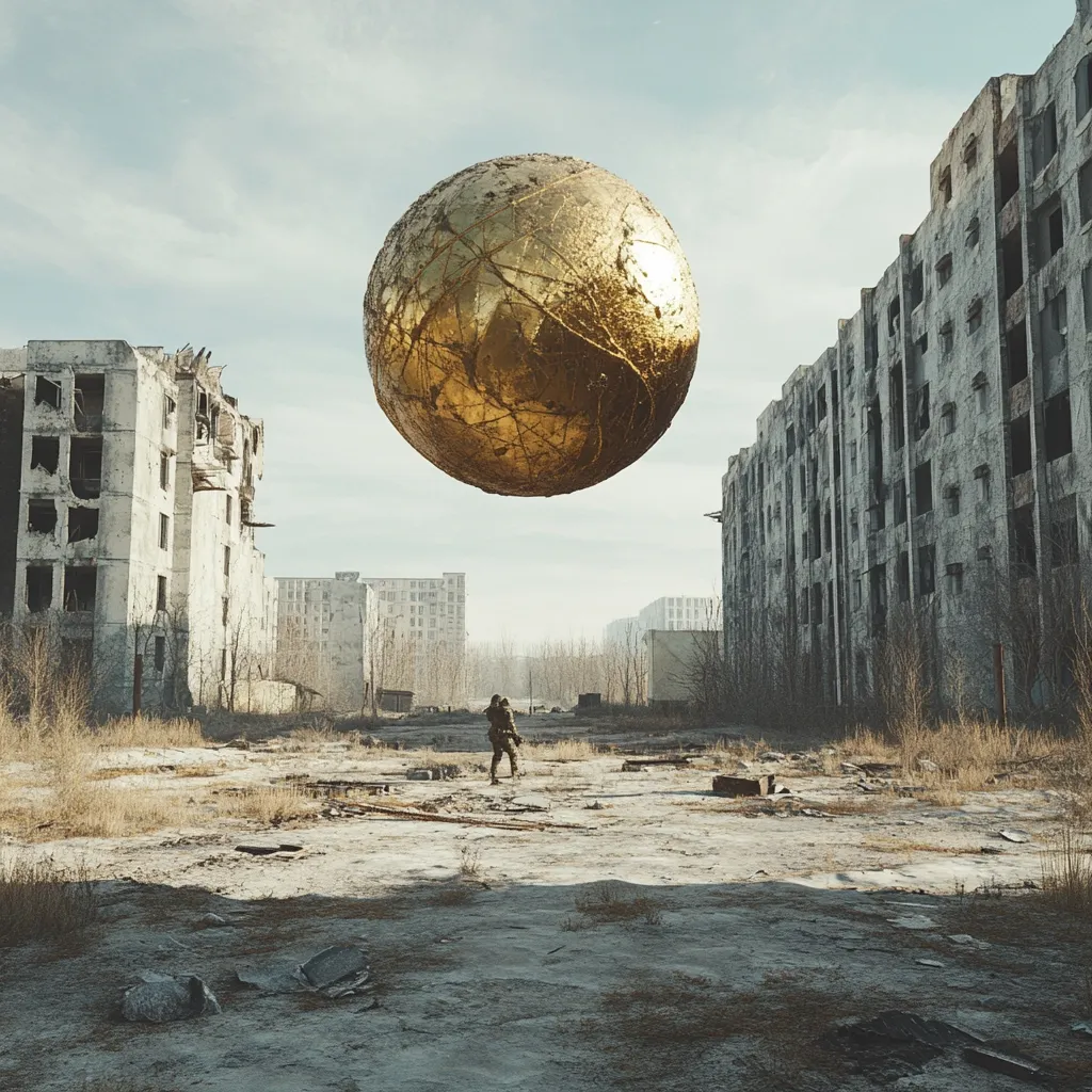 A large, golden sphere hovers above a desolate, post-apocalyptic cityscape.  Ruined buildings stand amidst overgrown wasteland. A lone figure in military-style clothing walks towards the sphere, creating a sense of mystery and unease. The scene suggests a science fiction or fantasy setting, with the golden orb a prominent, enigmatic element. The overall mood is bleak yet intriguing.