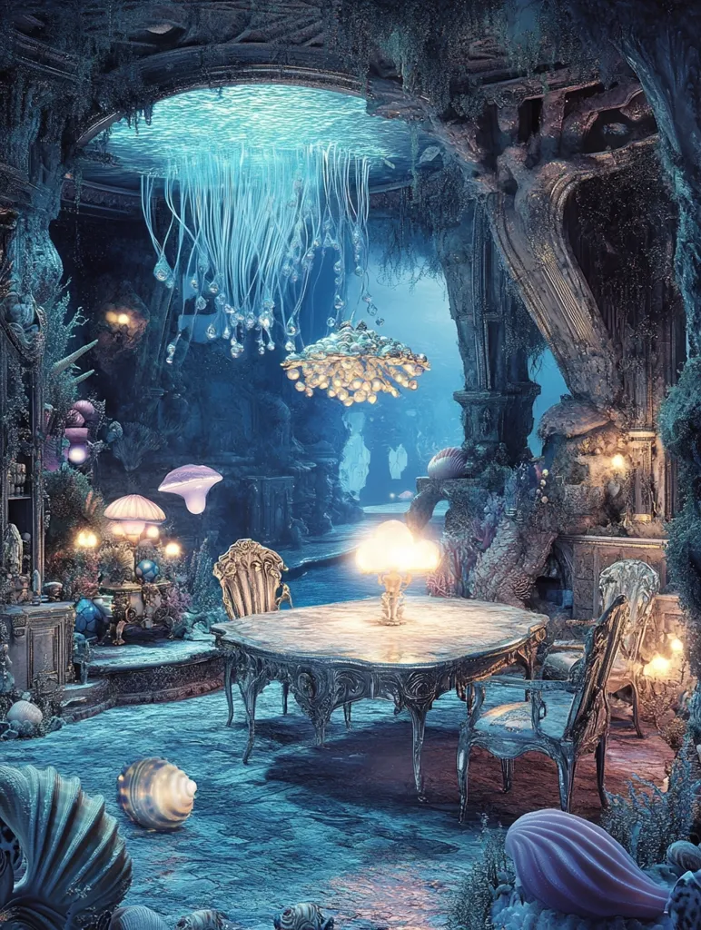 An underwater fantasy scene depicts an ornate dining area within a cavernous space.  A large chandelier of glowing jellyfish-like forms hangs above an elegant table and chairs.  The walls are adorned with bioluminescent flora and shells.  The overall ambiance is ethereal and mystical, blending organic and architectural elements in a captivating underwater setting.  A soft light illuminates the scene, casting a magical glow.