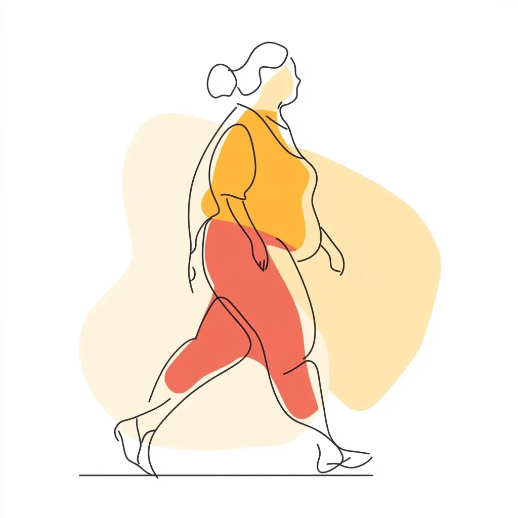 A line drawing depicts a plus-size woman walking.  She wears a mustard-yellow top and coral-colored pants.  The style is minimalist, with a single continuous line forming the figure.  The background features abstract, pastel-colored shapes. The woman's hair is pulled back in a bun.  The overall impression is one of simple elegance and body positivity.