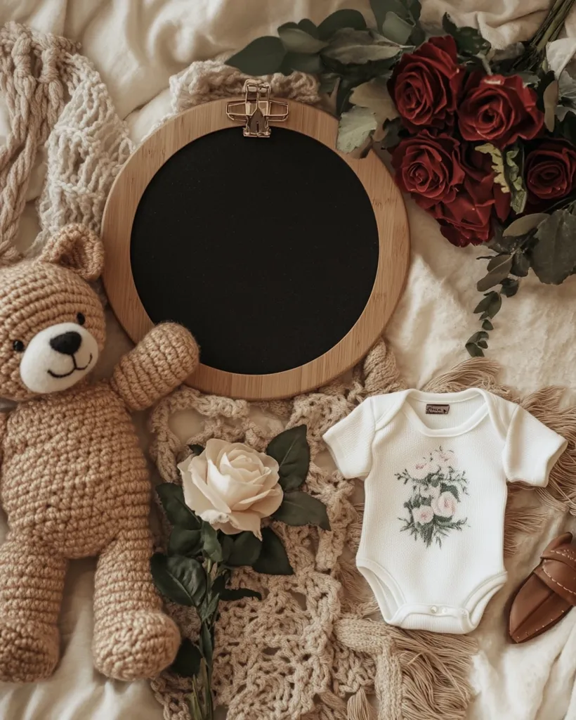 A neutral-toned baby announcement scene features a crocheted teddy bear, a baby onesie with floral embroidery, a bouquet of dark red roses, a single light beige rose, and a round bamboo frame with a black chalkboard.  The items are arranged on a beige crocheted blanket, creating a soft and elegant aesthetic. The chalkboard provides space for a personalized message.