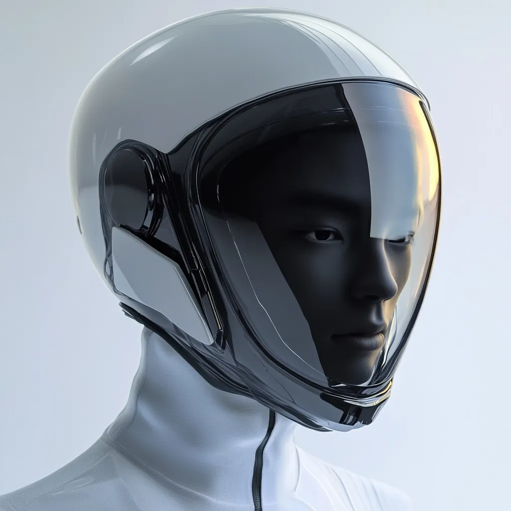 A close-up shot reveals a futuristic helmet, sleek and white with a dark visor, encompassing a person's face.  The helmet's design is streamlined and modern, suggesting advanced technology. The individual's dark features are partially visible through the transparent visor, creating a mysterious and intriguing image. The overall aesthetic is one of clean lines and high-tech design.